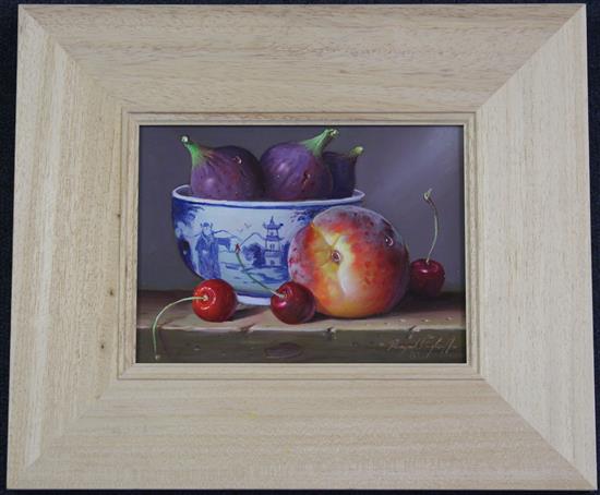 Raymond Campbell (20th C.) Still life of fruit and a Chinese bowl, 5.5 x 7.5in.